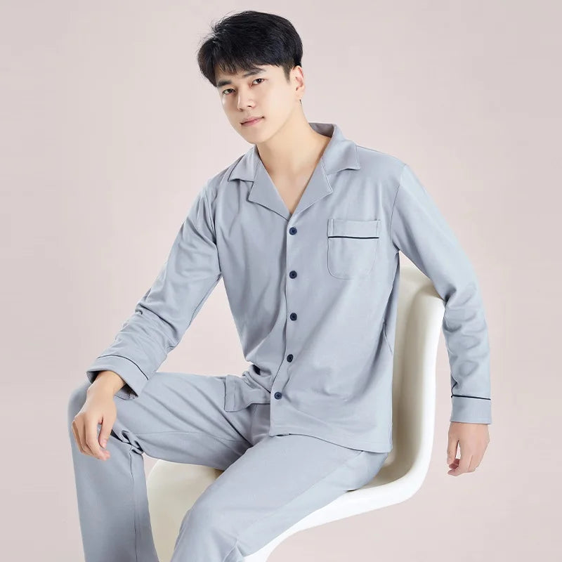 Blue Cotton Pajamas Winter Men Sleepwear Nightwear Full Sleeves PJ Pijama Hombre Home Clothes 2 Pieces Set Cotton Pyjama Homme