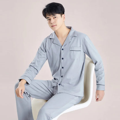 Blue Cotton Pajamas Winter Men Sleepwear Nightwear Full Sleeves PJ Pijama Hombre Home Clothes 2 Pieces Set Cotton Pyjama Homme