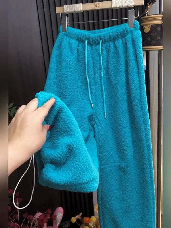 High-End Women's Thickened Fleece Drawstring Casual Pants Winter New Style Soft Drapey Warm Sweatpants Loose Wide Leg Trousers