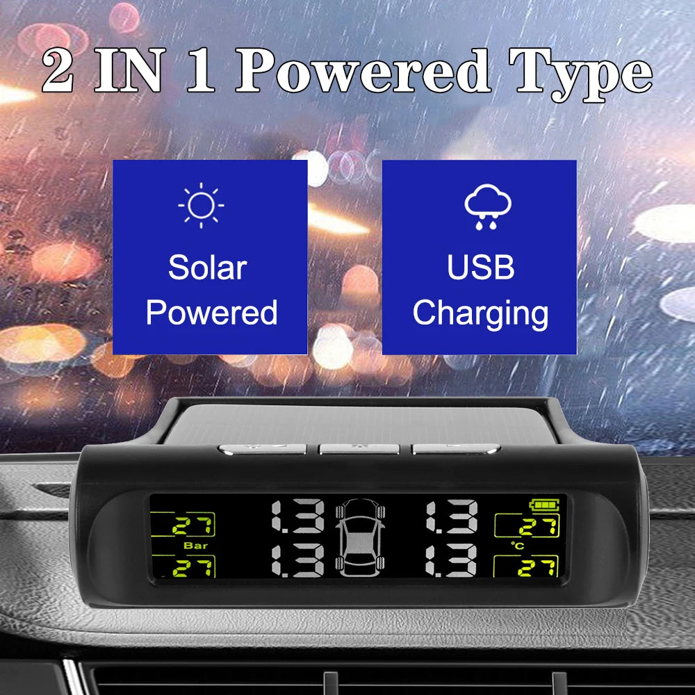 Universal Car Tire Pressure Monitoring System USB / Solar TPMS Tyre Temperature Monitor 0-6Bar Auto Security Alarm Systems