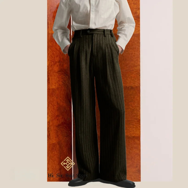 Men's High-Street Vintage Striped Pants Drapey Silhouette Melange Old Money Style Elegant Casual Trousers for Gentlemen Fashion
