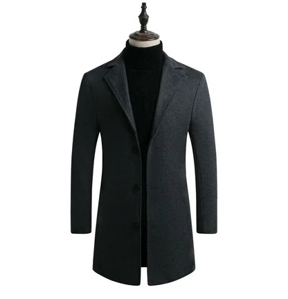 Men Long Cotton Coat 2025 Autumn Winter Wool Blend Pure Color Business Casual Slim Fit Windbreaker Jacket Fashion Men Clothing