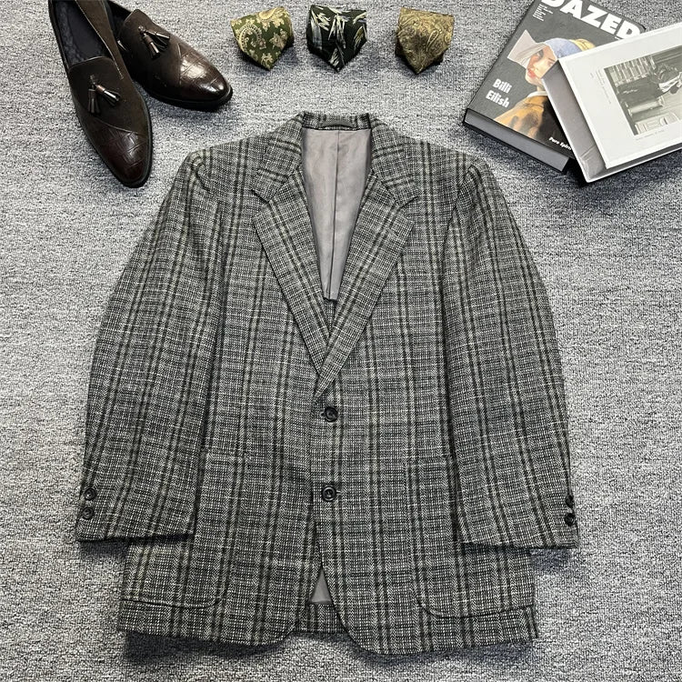 Vintage Unisex Woolen Suit Jacket Simple Casual Plaid Retro Style Warm Windproof Interview Commuting Business Casual Wear