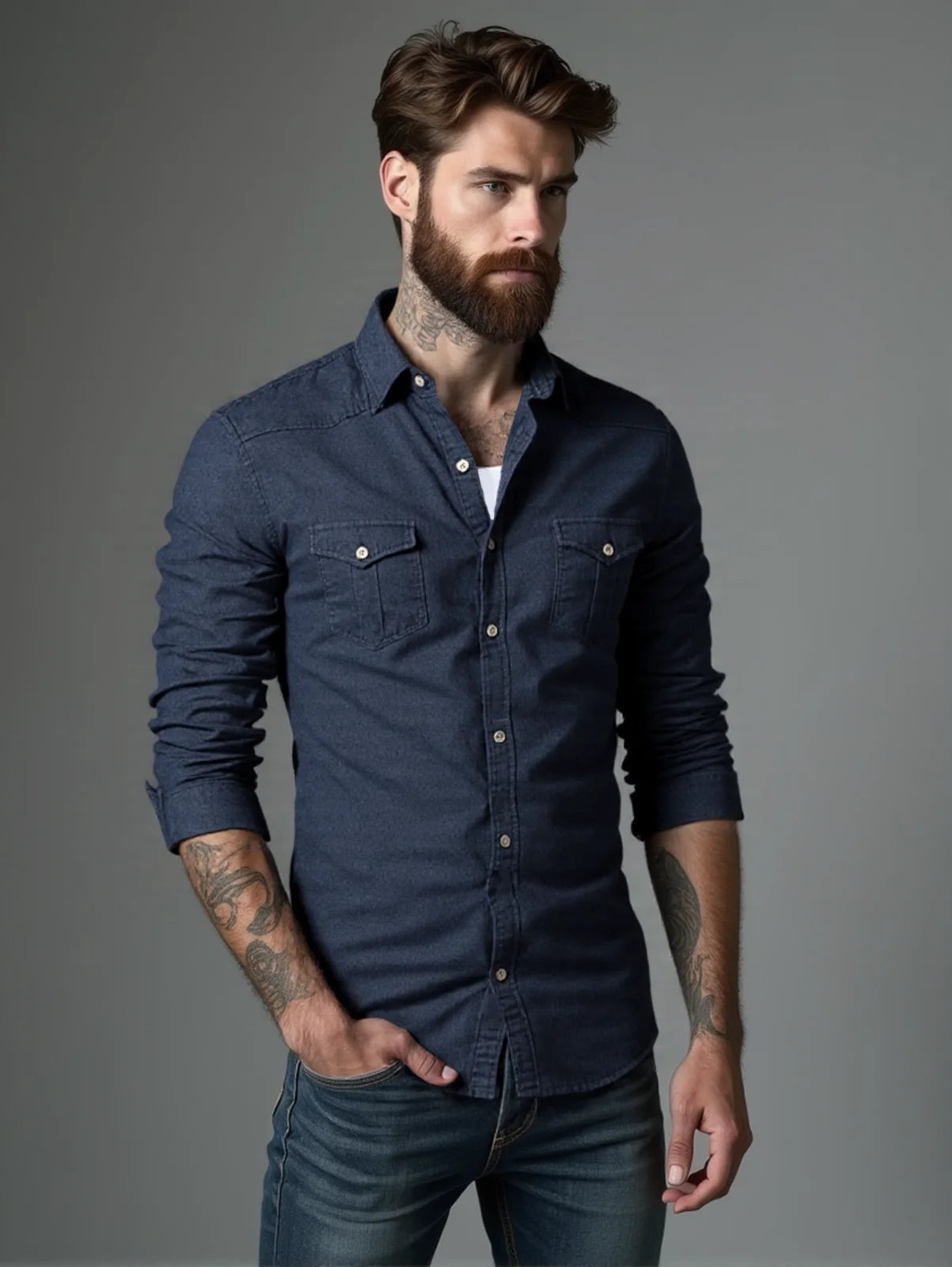 RVHS Elastic Cotton Denim Shirt Men Long Sleeve Quality Cowboy Shirts for Men Casual Slim Fit Mens Designer Clothing
