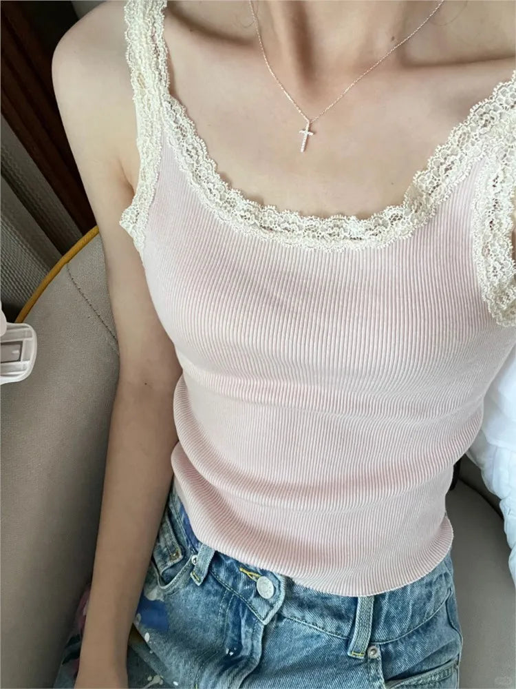 Vintage Lace Trim Blue Ribbed Camis Women New Casual Streetwear Slim Sexy Cotton Sleeveless Vests Sweet Cute Chic Tank Tops Y2K