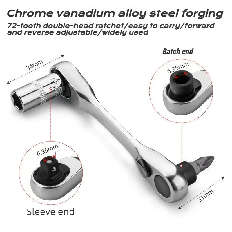 1/4" Mini Ratchet Wrench Drive Ratchet 72tooth Drive Socket and Screwdriver Hex Torque Wrench Multifunctional Hand Tools Repair