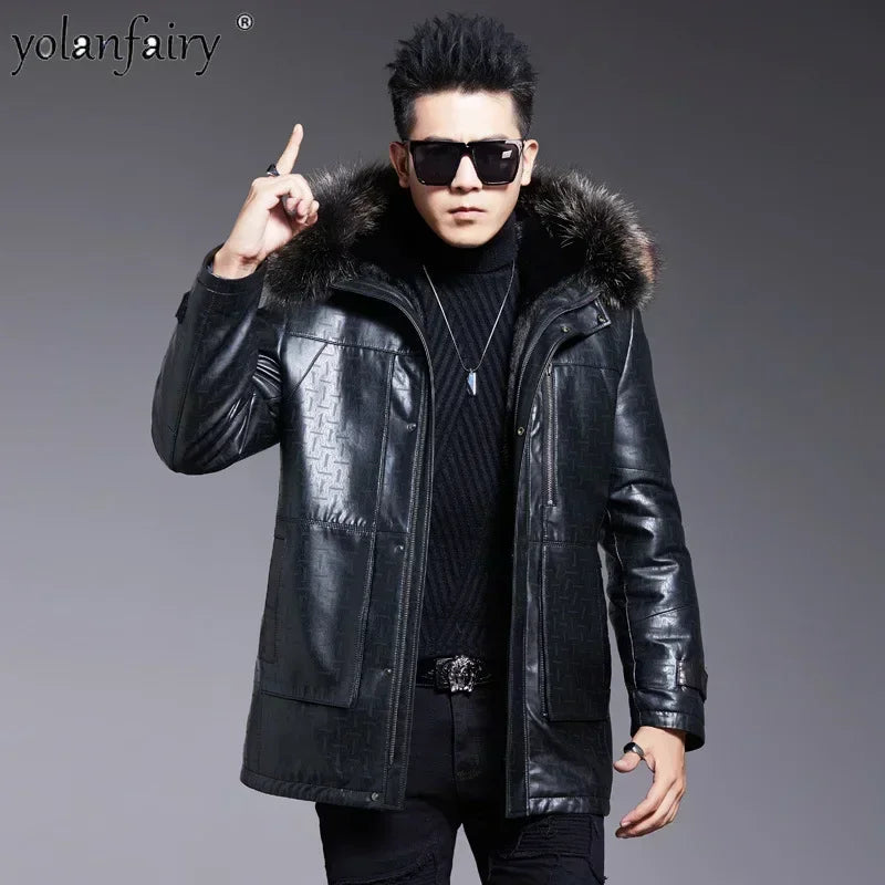 Sheepskin Jacket Men Real Fur Parkas 2023 Winter Kid Lamb Coats Men's Raccoon Fur Hooded Natural Leather and  Fur Jackets FC