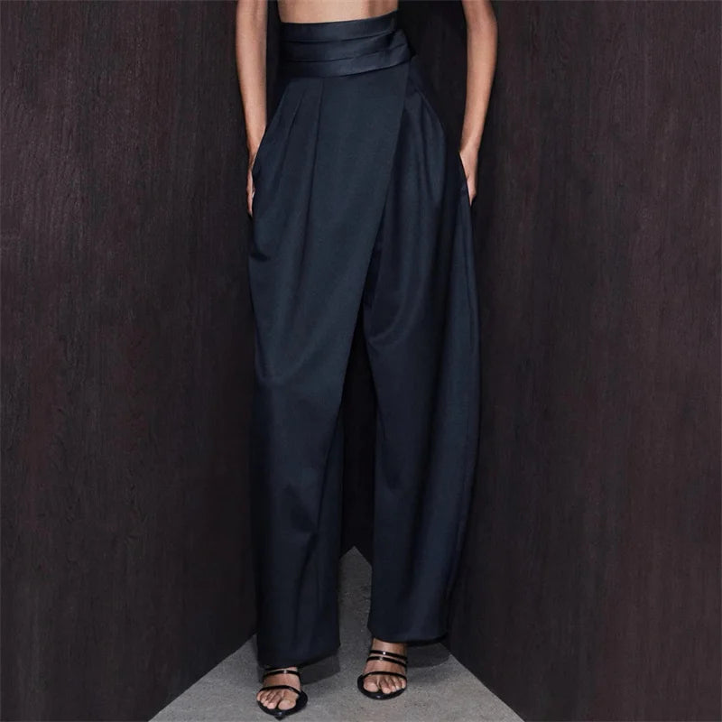 Women's pants New asymmetrical slim straight leg pants for spring 2026 Satin patchwork high waisted wide leg pants casual pants