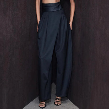 Women's pants New asymmetrical slim straight leg pants for spring 2026 Satin patchwork high waisted wide leg pants casual pants