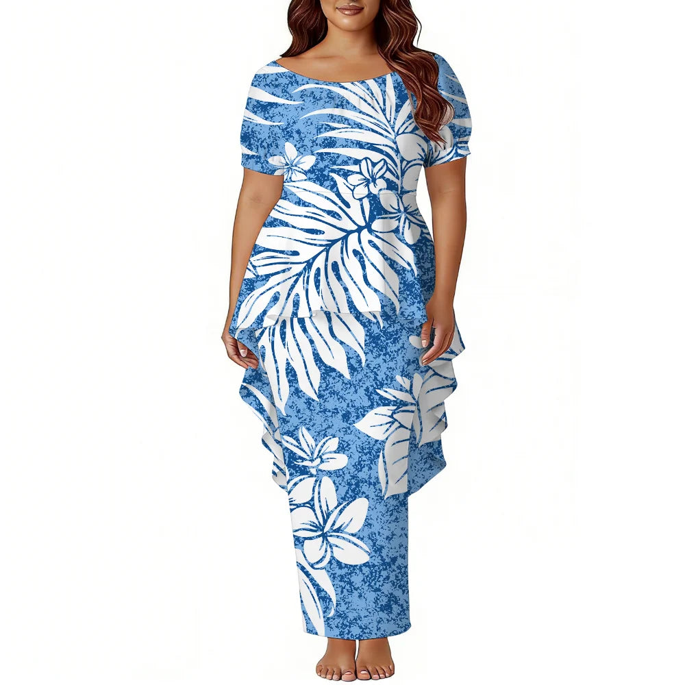 Polynesian Island-Style Women'S Short-Sleeved Puletasi Floral Print Dress Samoan Party Style Evening Dress