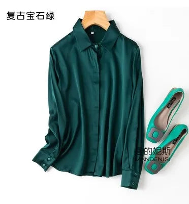 Luxury Satin silk shirt women's long sleeve 93% mulberry silk shirt commuter office lady style for Spring/Summer