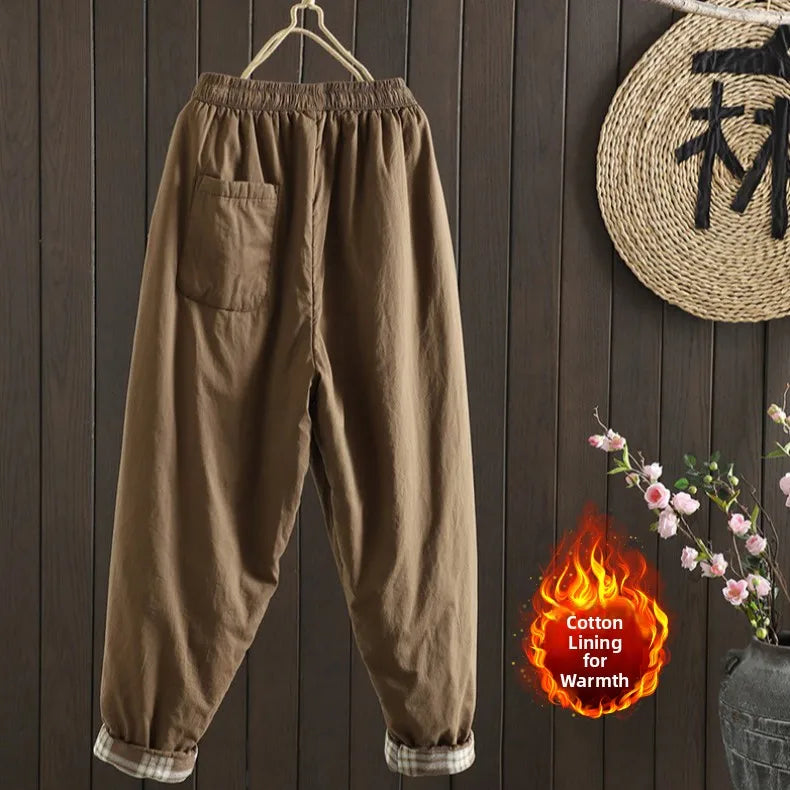 Retro  Color Cotton Filled Casual Loose Harem Pants Small Footed Trousers Winter Outerwear for Women plus Size