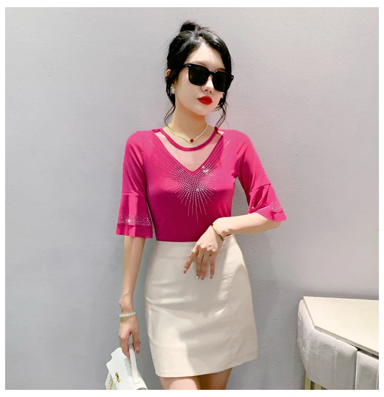 Sexy Hollow out Mesh Seven Quarter Sleeve Fashion Trend Summer T-Shirt Women Slimming Versatile Top Half Sleeve Small Shirt