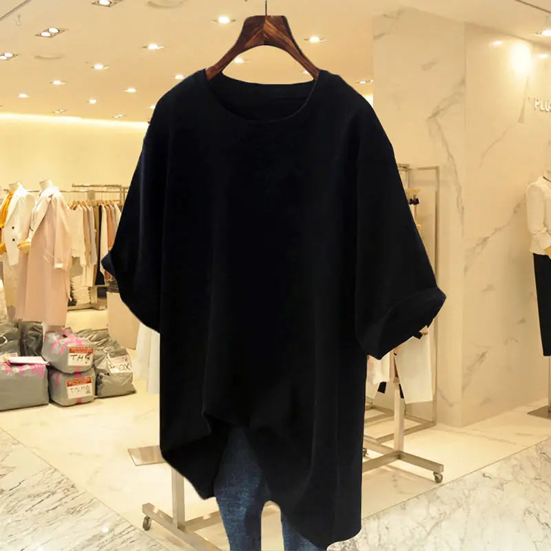 Women Clothing Fashion Cotton O-neck Short Sleeve T-shirt Summer Casual Loose Oversized Solid Top Tee Basic Pullover 45-105Kg