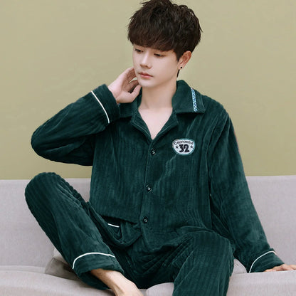 Men's Thickened Flannel Pajamas Coral Fleece Home Clothes Cardigan Set Long Sleeve Long Pants Soft Warm Winter Autumn Sleepwear