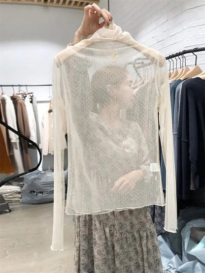 Women's Lace Base Shirt Thin Long Sleeve Half High Collar Inner Wear Spring Autumn New Style Mesh Top Wood Grain  Design