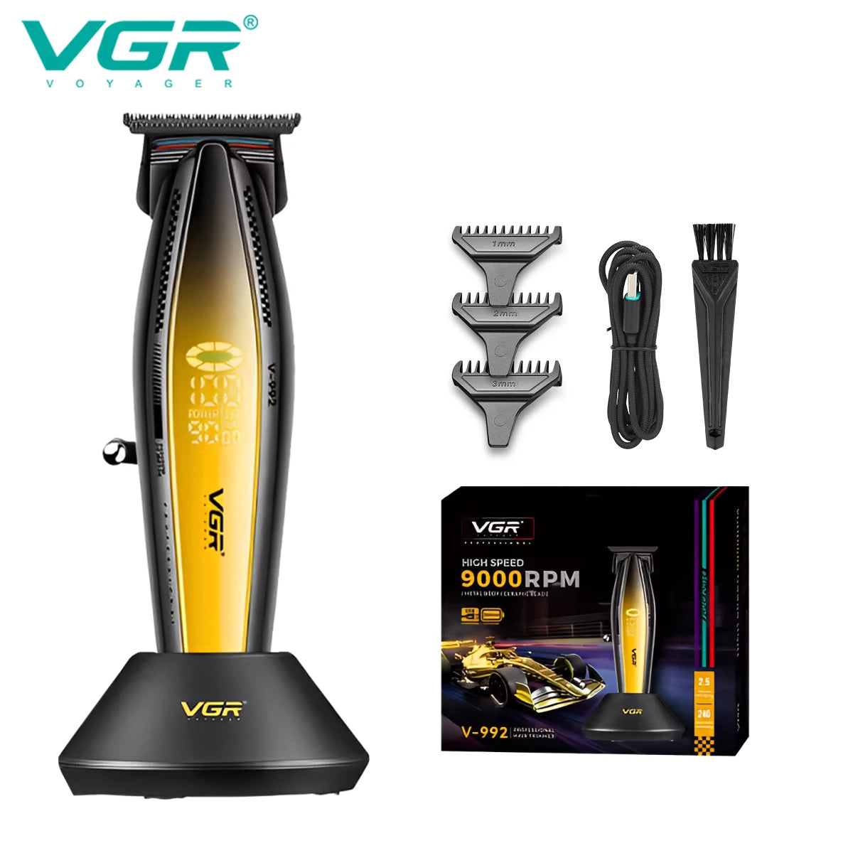 VGR V-992 V-270 high-end men's hair clipper with gradient color body, professional hair trimmer with LCD digital display and pus