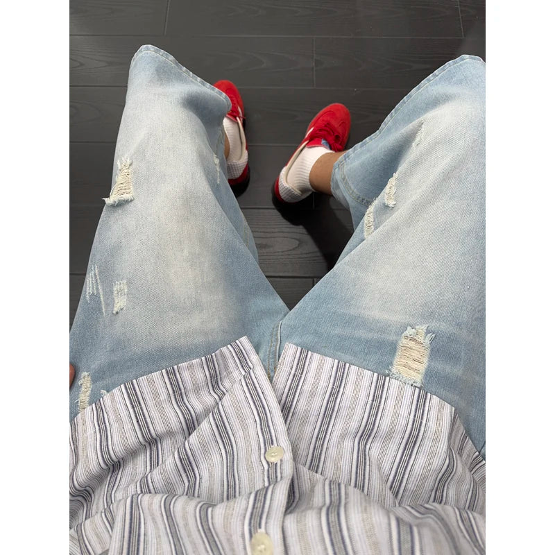 Unisex American Ins High Street Loose Straight Seven-Point Jeans Ripped Distressed Denim Shorts Summer Casual Streetwear