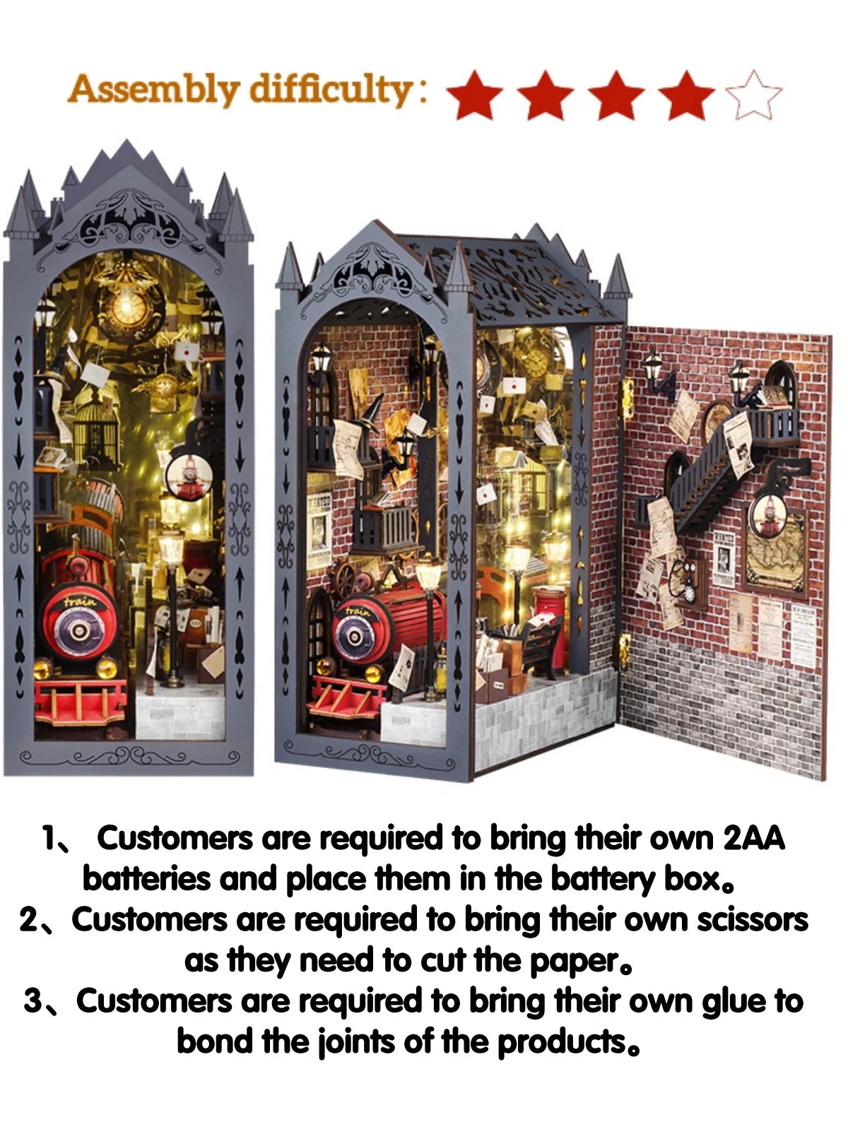 DIY Book Nook Kits，3D Wooden Library Bookshelf Insert Decoration Model Kit For Bedroom, Assembly Building Model，Christmas train