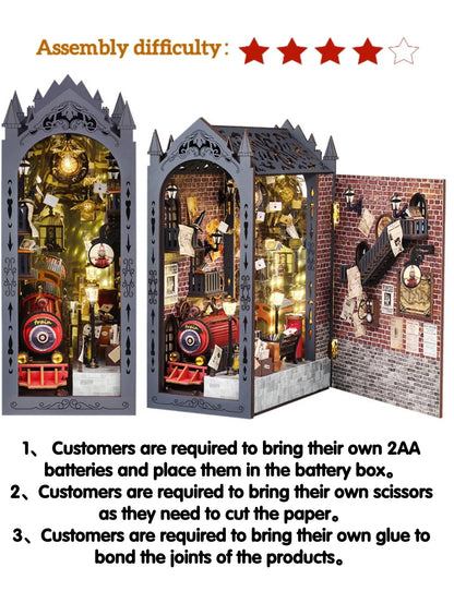 DIY Book Nook Kits，3D Wooden Library Bookshelf Insert Decoration Model Kit For Bedroom, Assembly Building Model，Christmas train