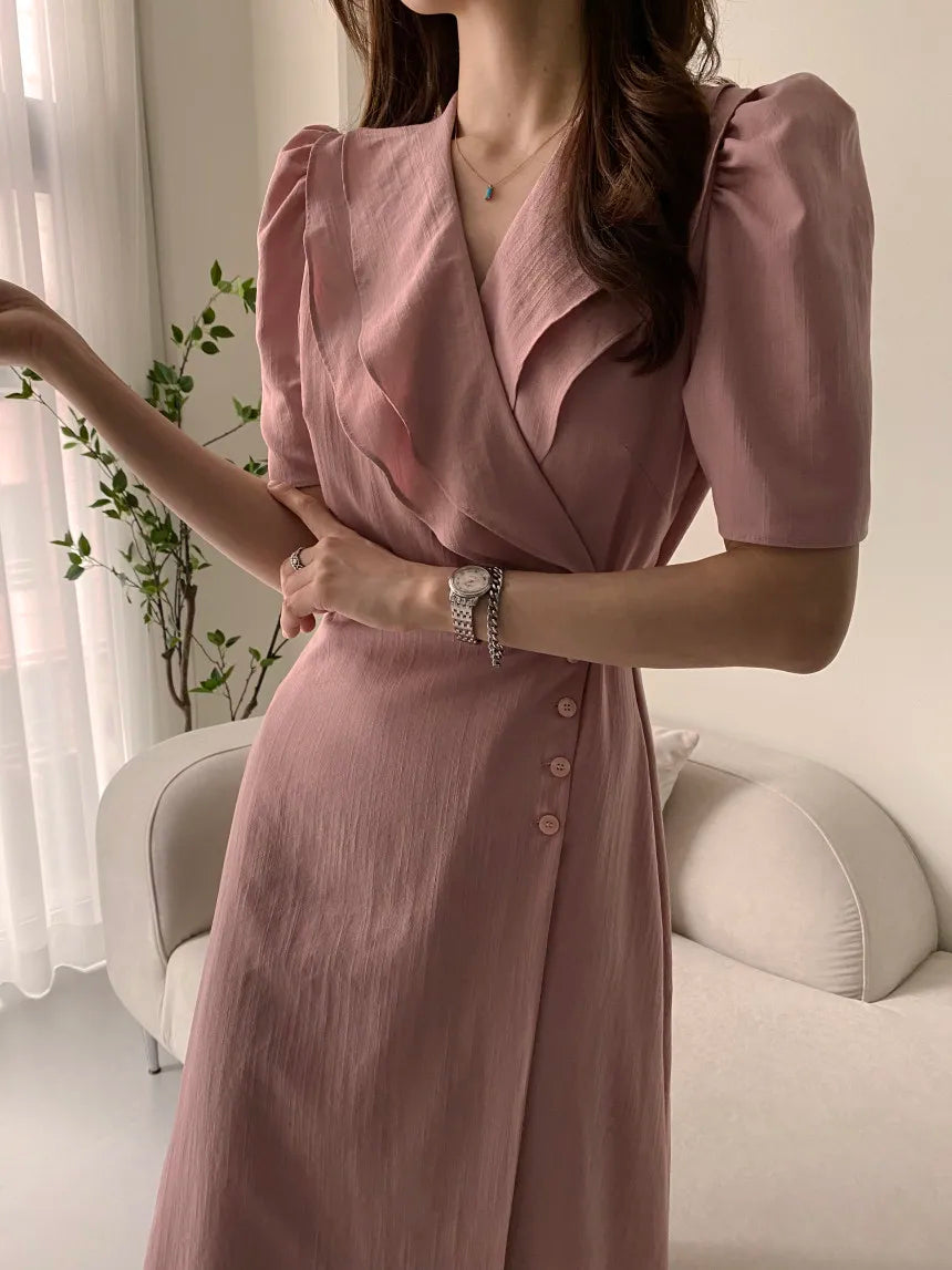 Retro Double Layered Collar Bubble Sleeve  Dress Elegant Short Sleeve V Neck Summer Casual Women's Dress