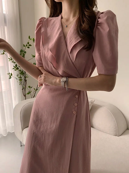 Retro Double Layered Collar Bubble Sleeve  Dress Elegant Short Sleeve V Neck Summer Casual Women's Dress