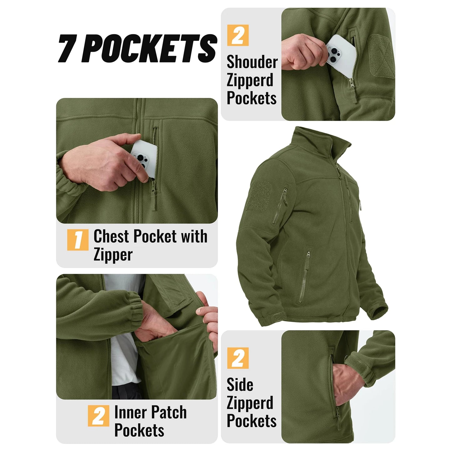 TACVASEN Full Zip Up Green Fleece Jacket Thermal Warm Work Coats Mens Zipper Pockets Jacket Hiking Training Outwear Windbreaker