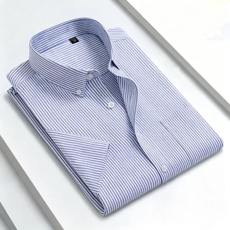 New 100% Cotton Men's Oxford Shirts Short Sleeve Summer Stripe Casual Formal Dress Social Regular Fit White Fashion Clothes 5XL