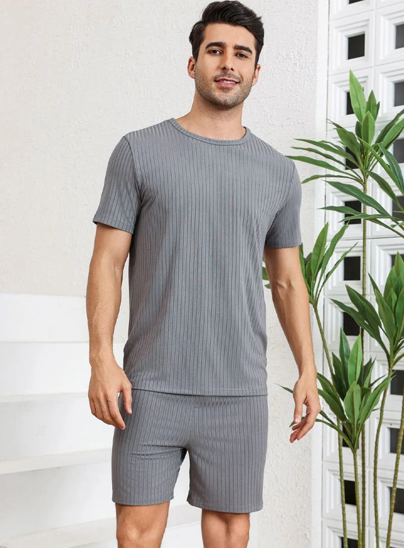 Men's Trendy Pajama Set Solid Short Sleeve And Shorts Breathable Lightweight Fabric Ideal For Casual Attire And Sports Wear Pjs