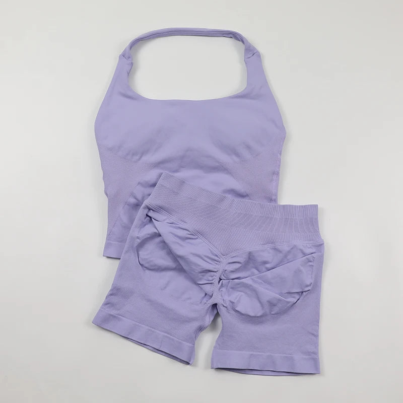 Women's Halter Neck Backless Yoga Set Seamless 2-Piece Outfit Ribbed High-Waist Scrunch Shorts Butt Lifting Gym Pilates Fitness