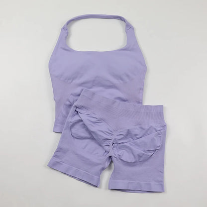 Women's Halter Neck Backless Yoga Set Seamless 2-Piece Outfit Ribbed High-Waist Scrunch Shorts Butt Lifting Gym Pilates Fitness