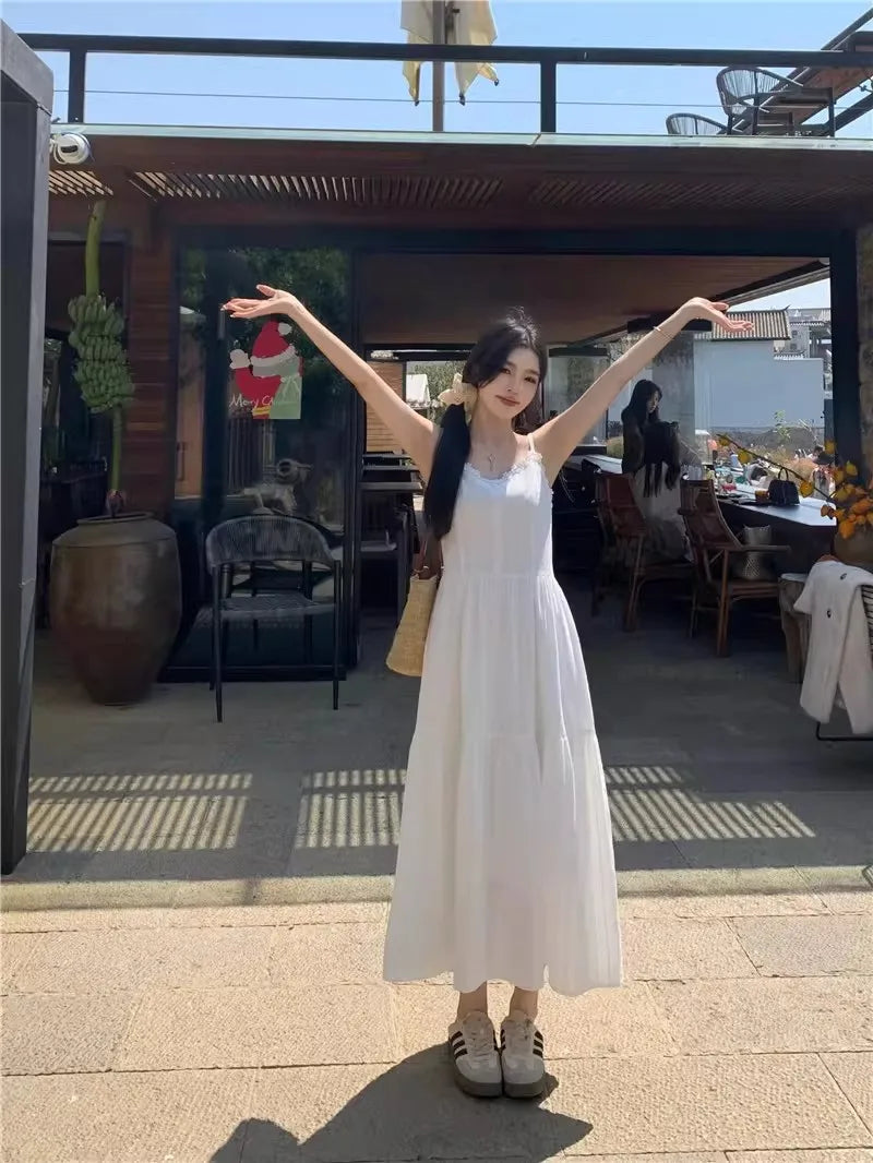Slimming White Strapless Long Dress Simple French Style A-Line Midi Dress Women's Summer Fashion Sensation Waist-Cinching Dress