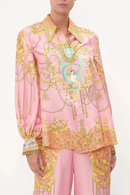 CHICEVER Casual Vacation Two Piece Set for Women Laple Long Sleeve Pink Printed Shirt High Waist Trousers Suit Female Autumn New