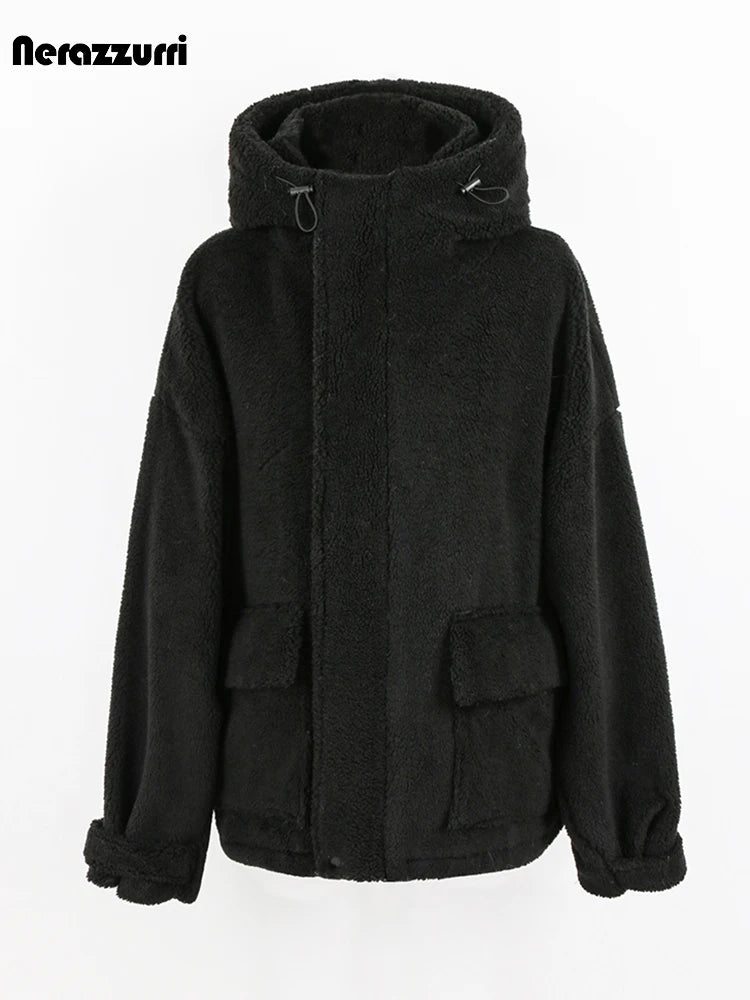 Nerazzurri Autumn Winter Oversized Black Warm Faux Fur Coat Women with Drawstring Hood Long Sleeve Zip Up Fluffy Jacket Menswear