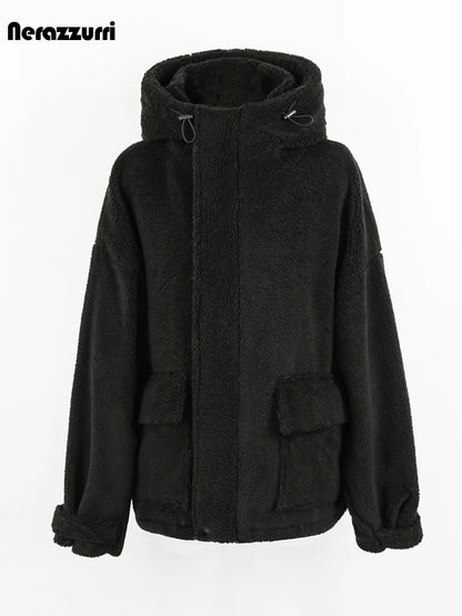 Nerazzurri Autumn Winter Oversized Black Warm Faux Fur Coat Women with Drawstring Hood Long Sleeve Zip Up Fluffy Jacket Menswear