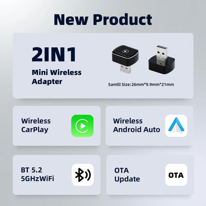 KEBIDUMEI Wired to Wireless Carplay Mini Car AI Box Adapter 5.0GHz WiFi Android Auto Bluetooth 5.2 Smart Dongle Car Accessories