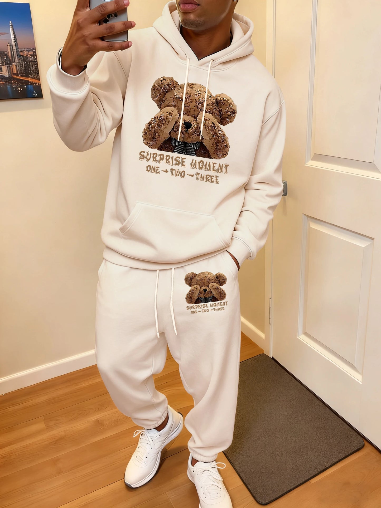 Surprise Moment Teddy Bear Print Soft Hoodie Set Man Sport Pocket Tracksuit All-Match Casual Sweatpants Autumn Fleece Long Pant