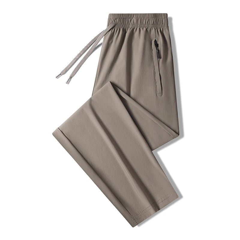 Men's Ice Silk Quick-Dry Pants Summer Lightweight Breathable Joggers with Zipper Pockets Elastic Waist Casual Sports Trousers fo