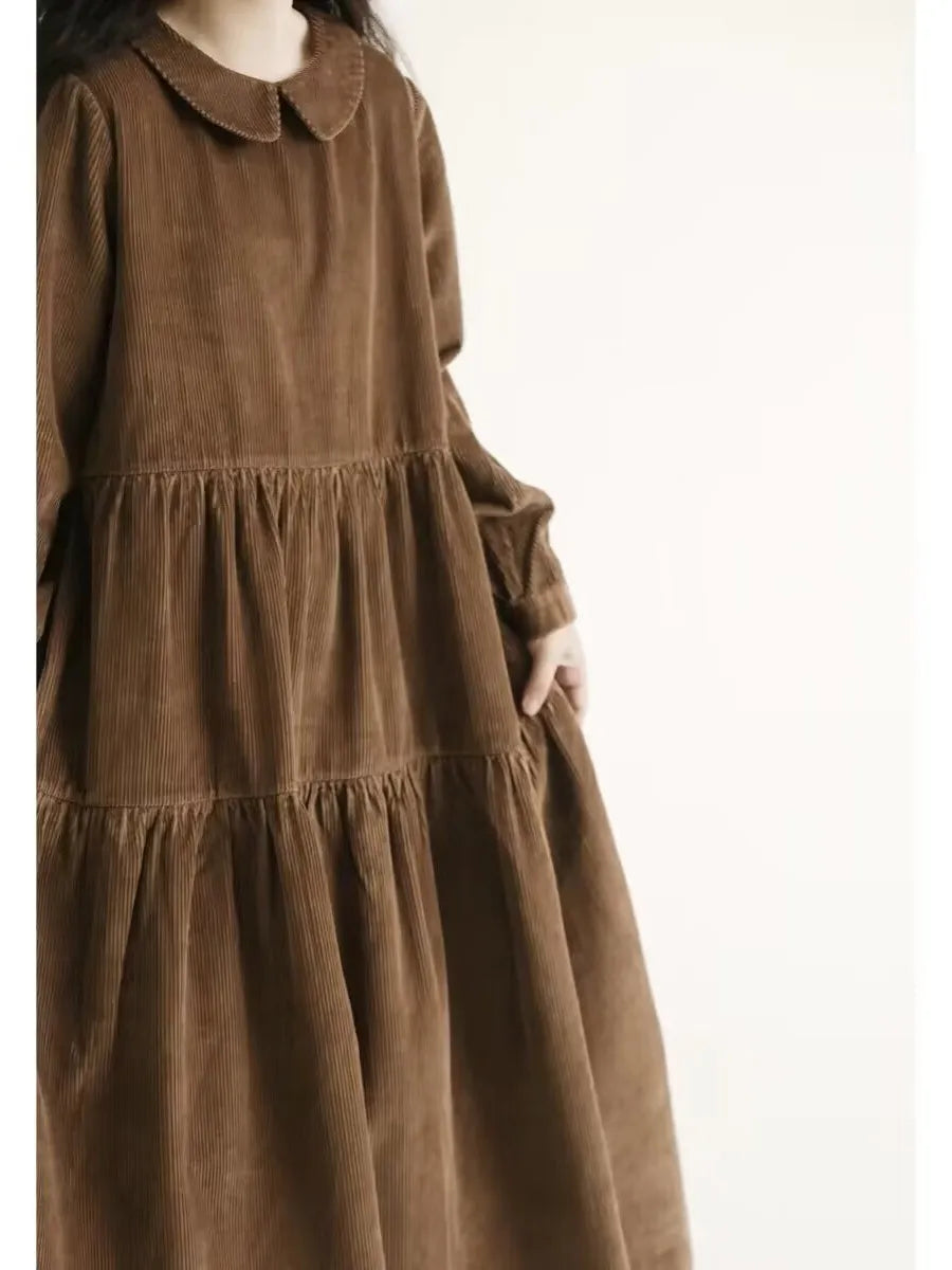 Japanese Style Long Sleeve Corduroy A-Line Dress Loose Slimming Simple Design Women's plus Size Dress Daily Wear Long Dress