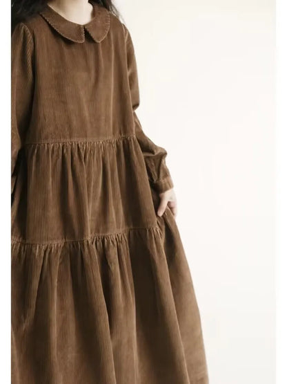 Japanese Style Long Sleeve Corduroy A-Line Dress Loose Slimming Simple Design Women's plus Size Dress Daily Wear Long Dress