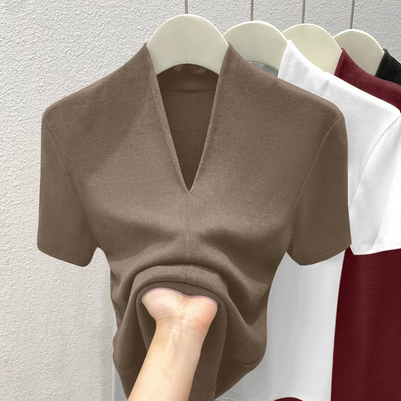 Premium Quality Short Sleeve V-Neck T-Shirt Women's Fashion Shoulder Design Versatile Base Shirt Summer Wear Comfortable Fit