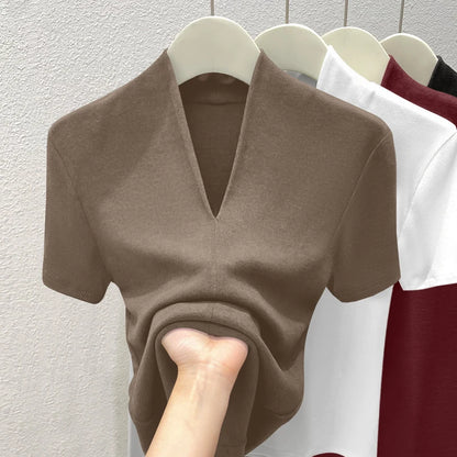 Premium Quality Short Sleeve V-Neck T-Shirt Women's Fashion Shoulder Design Versatile Base Shirt Summer Wear Comfortable Fit