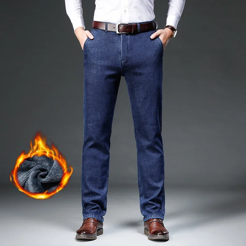 Fleece Jeans Men's Winter Thick Business Velvet Trousers Soft Fashion Brand Classic Straight Loose Warm Plush Denim Pants