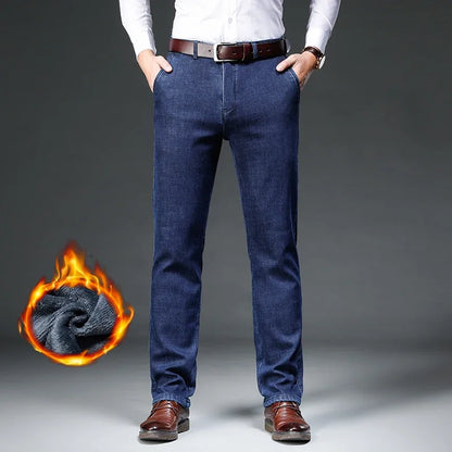 Fleece Jeans Men's Winter Thick Business Velvet Trousers Soft Fashion Brand Classic Straight Loose Warm Plush Denim Pants