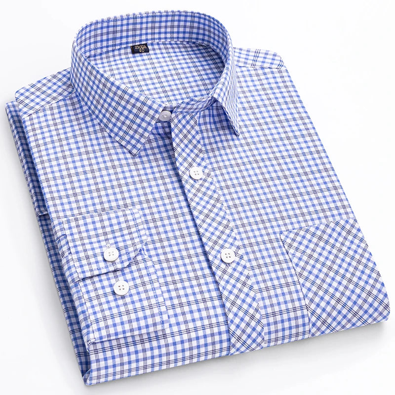 The New Men's Long-Sleeved Shirt Is Cool and Casual. It's a Thin, All-Cotton, Streetwear Checkered Style for Spring and Summer