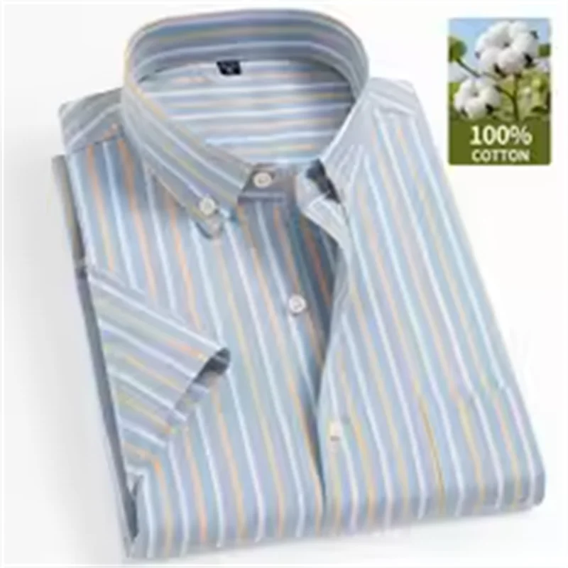 New 100% Cotton Men's Oxford Shirts Short Sleeve Summer Stripe Casual Formal Dress Social Regular Fit White Fashion Clothes 5XL