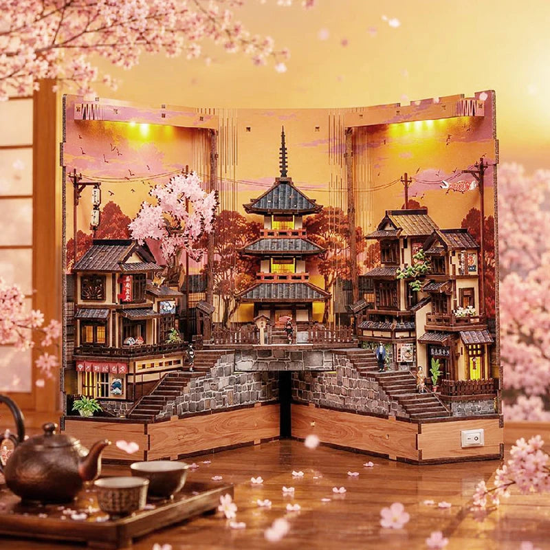 CUTEBEE DIY Book Nook Kit Japanese Sakura 3D Puzzle Dollhouse for Bookshelf Unique Craft Gift for Book Lover Christmas Miniature