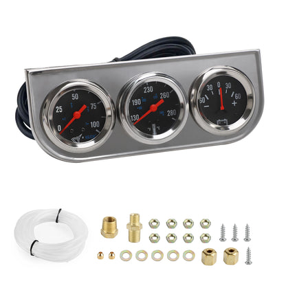 2" 52mm Chrome Panel Oil Pressure Water Temp Amps Triple Gauge Set Black white Face Volt meter