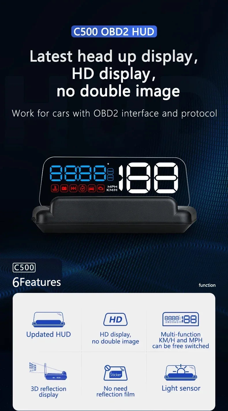 C500 BLUE OBD /T900 GPS HUD Gauge Display Car Head Up Display LCD Car Turbo Gauge Digital Odometer Universal Speed On-board Comp