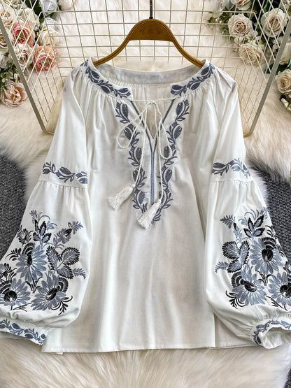 Bohemian Vacation Style Women's Shirt round Neck Lantern Sleeve Embroidery Heavy Work Autumn Design Sense Knot Design Top